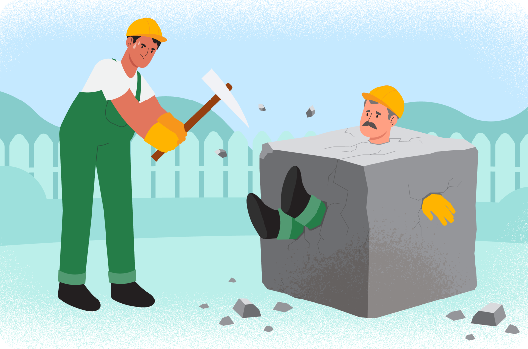illustration of a construction worker stuck in a concrete block and a coworker chiseling him out of it